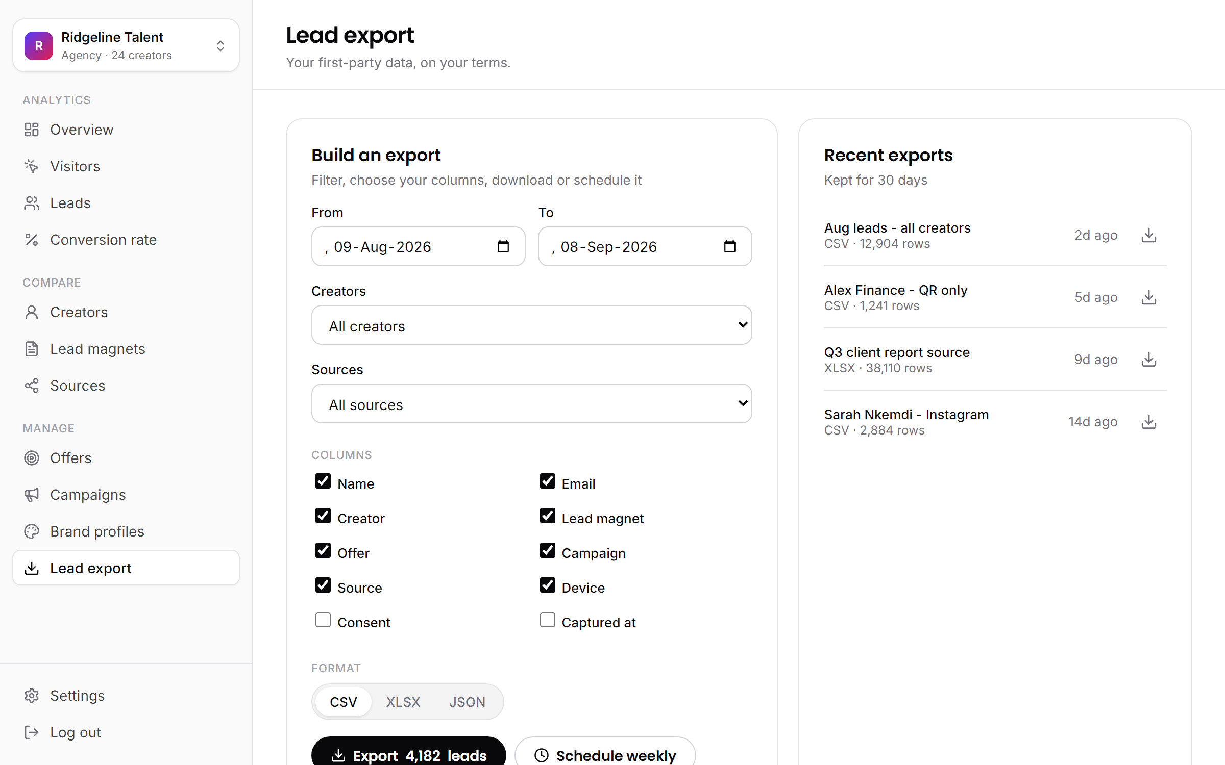 The lead export builder with filters, columns and a weekly schedule option